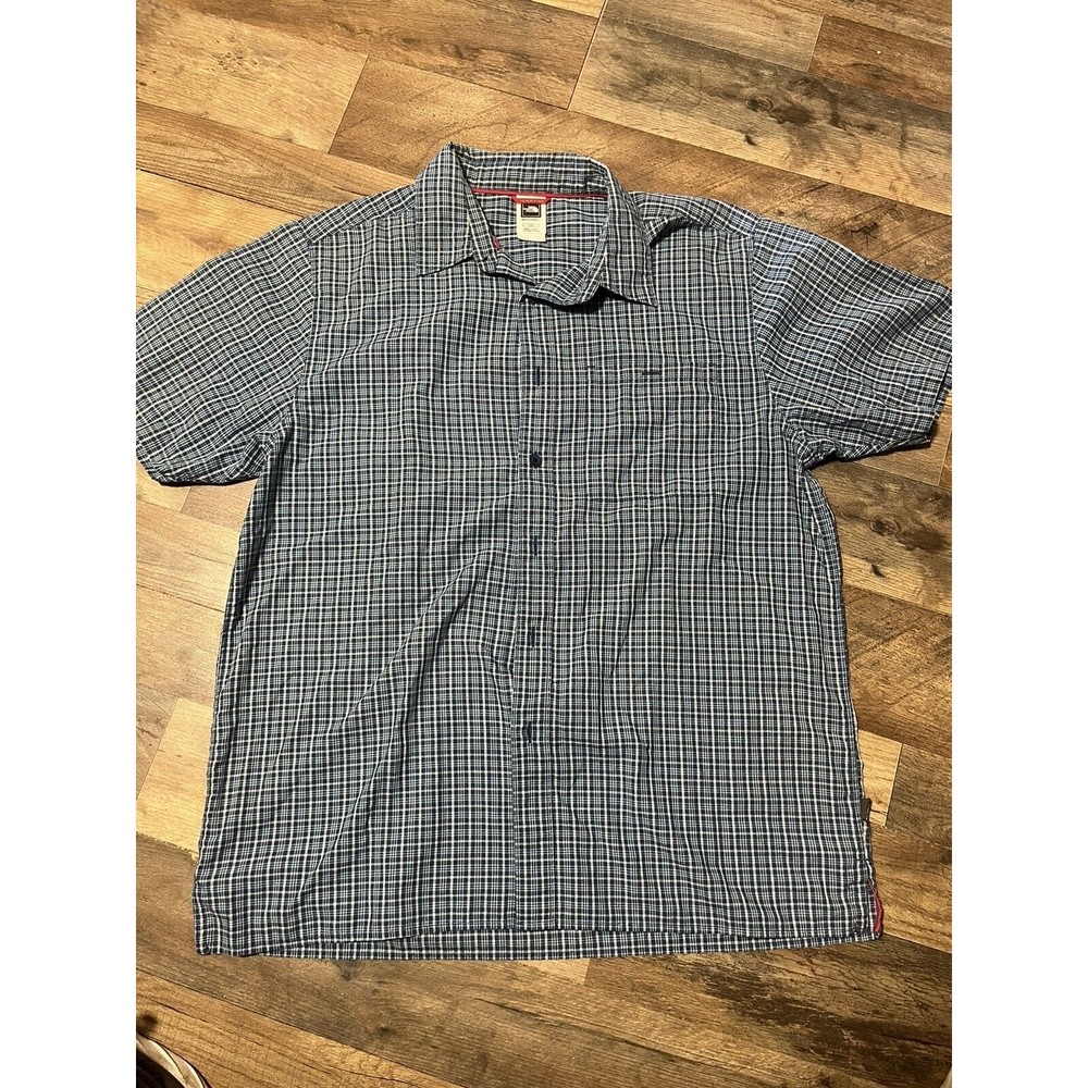 The North Face Shirt Mens Lg Blue White Plaid Button Up Short Sleeve Hike Camp